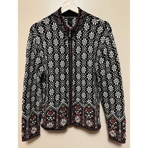 Nomadic Traders Fair Isle Snowflake Berry Holiday Zip Cardigan Black White Red M